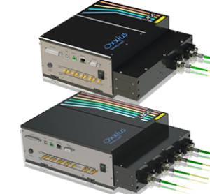 2-port and 4-port output configurations of a multi-wavelength laser beam combiner - black box with rainbow of colored lines