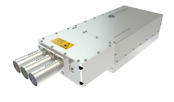 sleek, modern, silver colored pulsed DPSS laser housing with red, green, and blue beam output ports