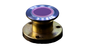 brass colored circular mount with violet colored thin disk gain media mounted flat to the top