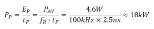 Image Formula to calculate Peak Power from a pulsed laser with known pulse energy and pulse duration with example values to calculate