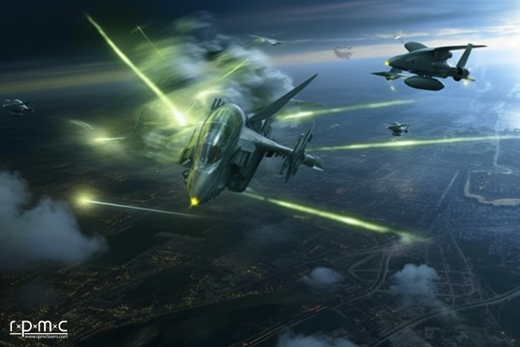 artistic image of futuristic warfare with advanced planes, missiles, lasers