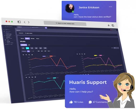 image showing an example of beam profiler data on the cloud, with a client asking a question and the Huaris support team responding with help
