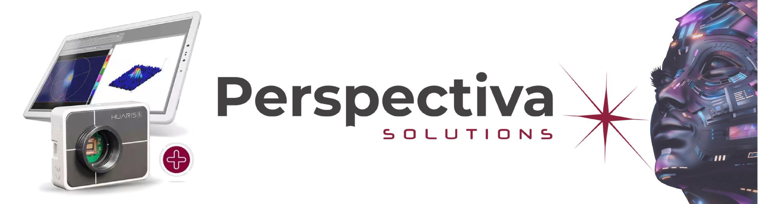 Perspectiva Solutions company logo, laser beam profiler and software and an AI face
