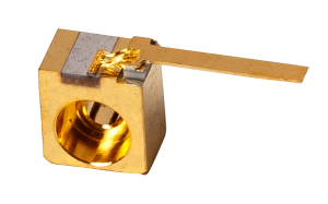 brass colored laser diode c-mount, square with circular through hole
