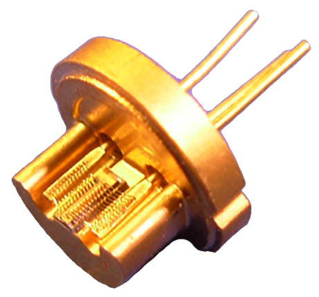 brass colored to-9 laser diode package, circular with 3 electrical pins