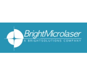 turquois-blue rectangle bright microlaser logo with white lettering and white starburst symbol