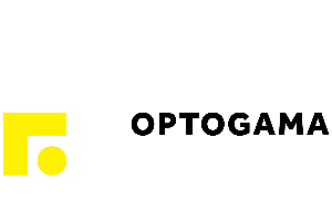 optogama logo black text with yellow right angle 'L' and circle symbol