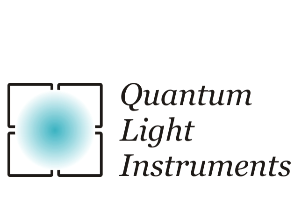 quantum light instruments logo with black text and black target box with light blue energy within