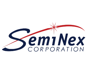 semiNex corporation logo with navy text and red laser swoosh over top with laser spark