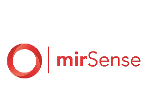 red text mirSense logo with stylized open iris aperture symbol