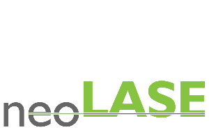 neoLASE logo grey and lime green with laser beam connecting the two parts of the word
