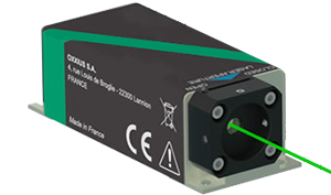 compact, light weight laser module, black rectangle with green stripe, green laser beam coming out