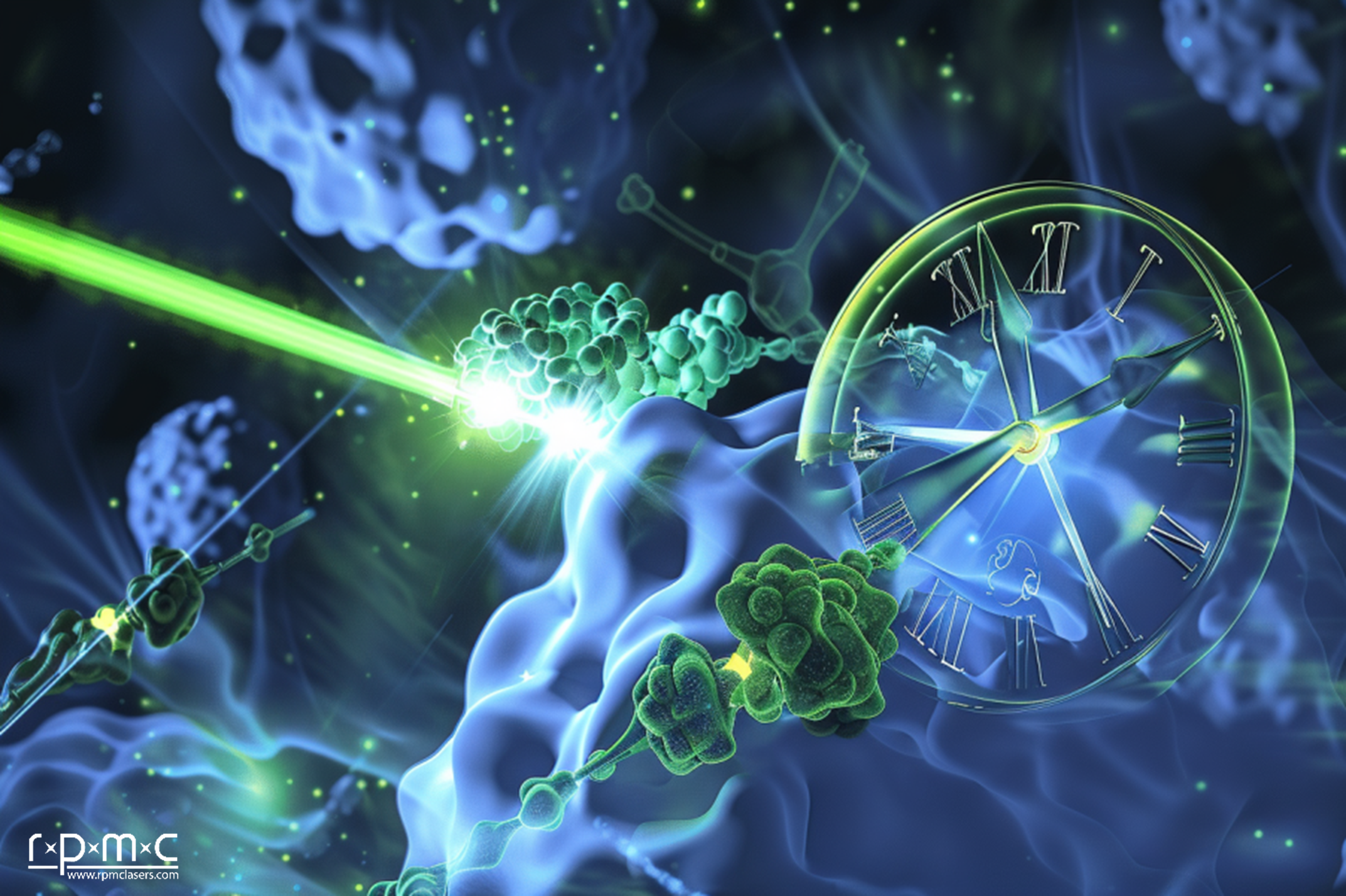 microscopic artists impression of molecules lighting up with laser beams blues and greens
