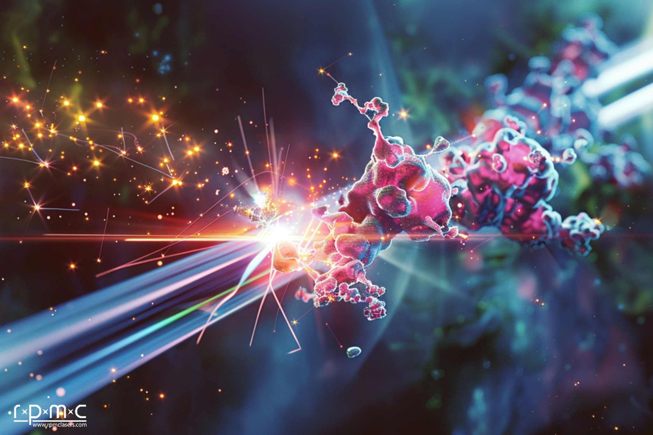 microscopic artists impression of laser deposition and ionization of molecules