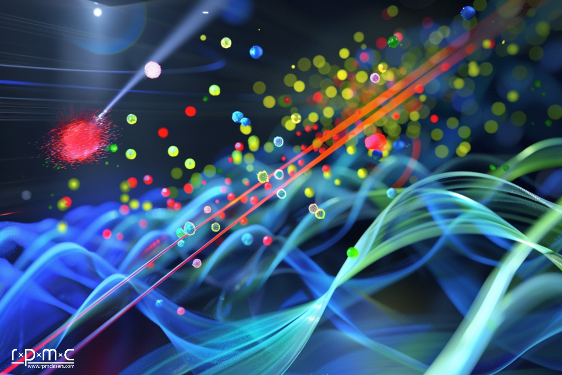 microscopic artists impression of flowing particles being illuminated and measured by laser beams
