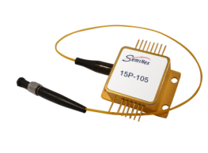 brass colored laser diode housing with electrical pins, optical fiber with connectors and white label