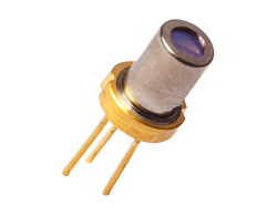 brass colored to-56 laser diode package, circular with 3 electrical pins and a tall silver cap with optical window