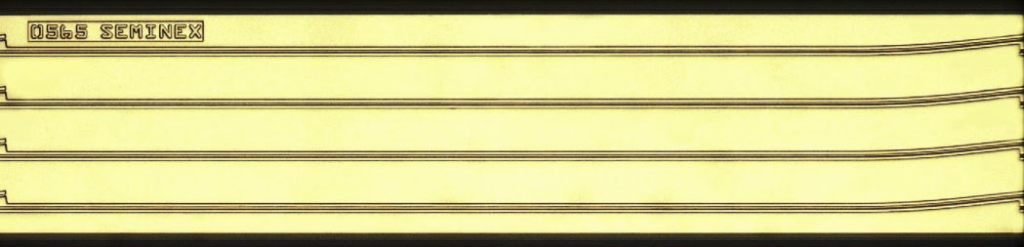 gold colored semiconductor curved waveguide array - long rectangle with 4 straight lines with curves at the end