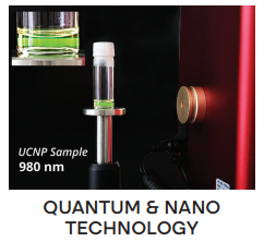 spectral imaging application, quantum & nano technology, tunable laser emitting in the infrared range, passing through a vial containing nanoparticles, which illuminate, showing the otherwise invisible beam