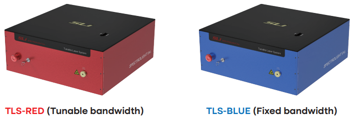 Two modern, sleek, tunable lasers, simple, short cube-like boxes, one red and black, one blue and black