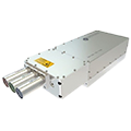 sleek, modern, silver colored pulsed DPSS laser housing with red, green, and blue beam output ports