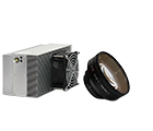compact OEM DPSS laser housing, gray with cooling fins, mounted fan, and seperate F-theta lens