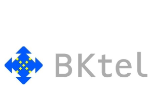 BKtel logo with grey lettering, blue telecom symbol with yellow dotted line cross