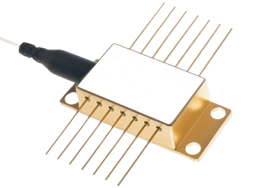 brass colored laser diode housing with 14 pins and a fiber attached