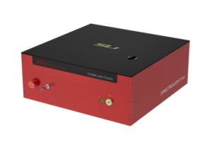 sleek modern dpss laser housing, simple cubic design, black and red
