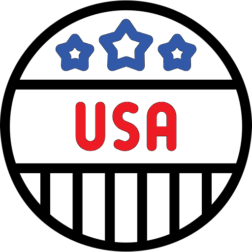 circle with representative US flag symbology, stripes, stars, 'USA' representing the mad-in-the-USA options available at RPMC lasers