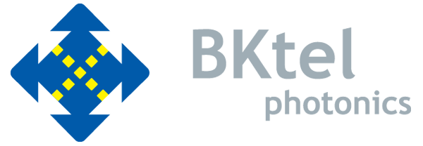 BKtel logo with grey lettering, blue telecom symbol with yellow dotted line cross