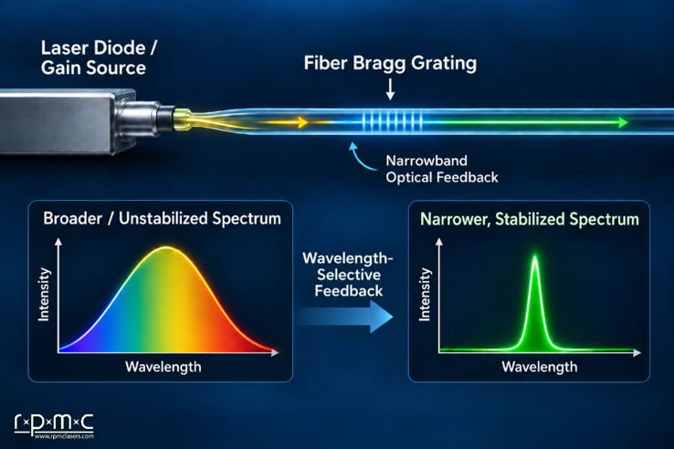 illustration of an FBG laser diagram and broad to narrower, stabilized spectrum output