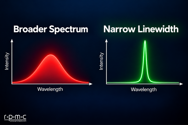 Illustration of a narrow linewidth laser spectrum vs a broad spectrum