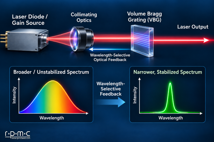 illustration of a vbg laser diagram and broad to narrower, stabilized spectrum output